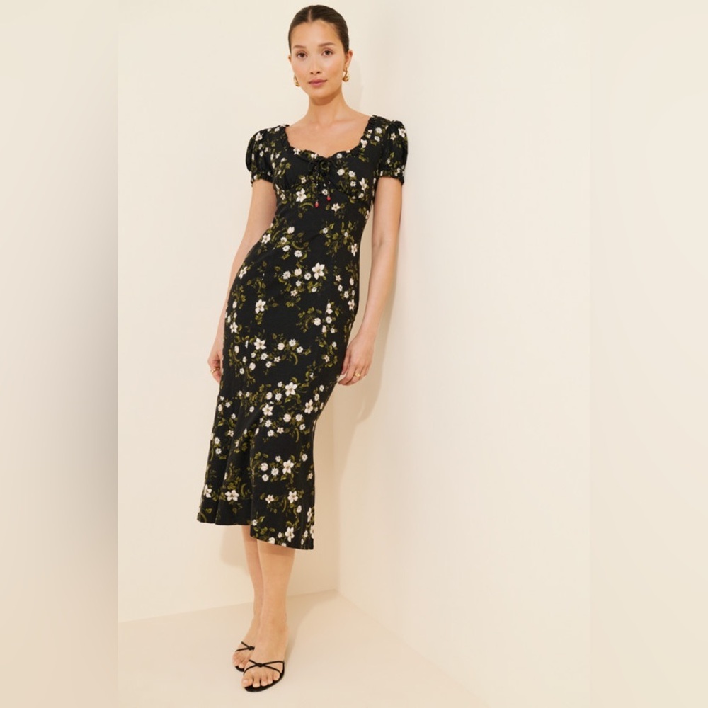 NWT Size XS - Anthropologie Linen Blend smocked Puff-Sleeve Midi Dress (NWT US$